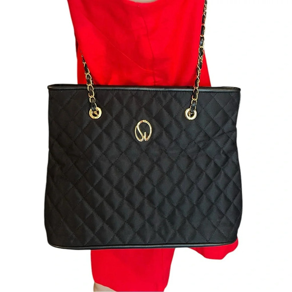 St. John Handbags - Vintage St. John Womens Black Canvas Quilted Tote Chain Strap